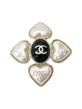 Chanel Heart Brooch CC Logo Faux Pearl Gold White Black